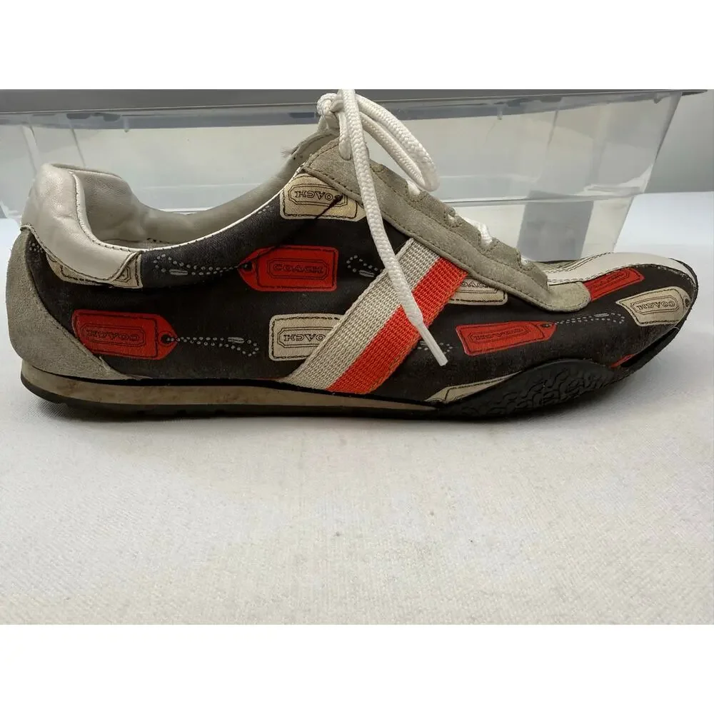 Coach Kate Logo Tag Print Leather Sneakers Size 10M Brown Orange‎ Designer Shoes